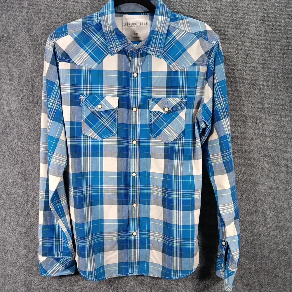 Aeropostale Mens Medium Western Pearl Snap Plaid Shirt Blue White Cowboy Riding